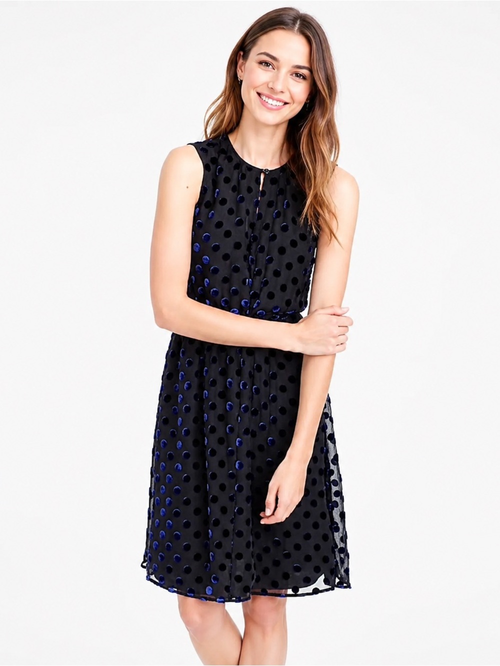 J.Crew Silk Blend Navy Blue Velvet Polka Dot Sleeveless Dress Size M